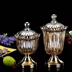 Amber Glass Candy Jar with Metal Base
